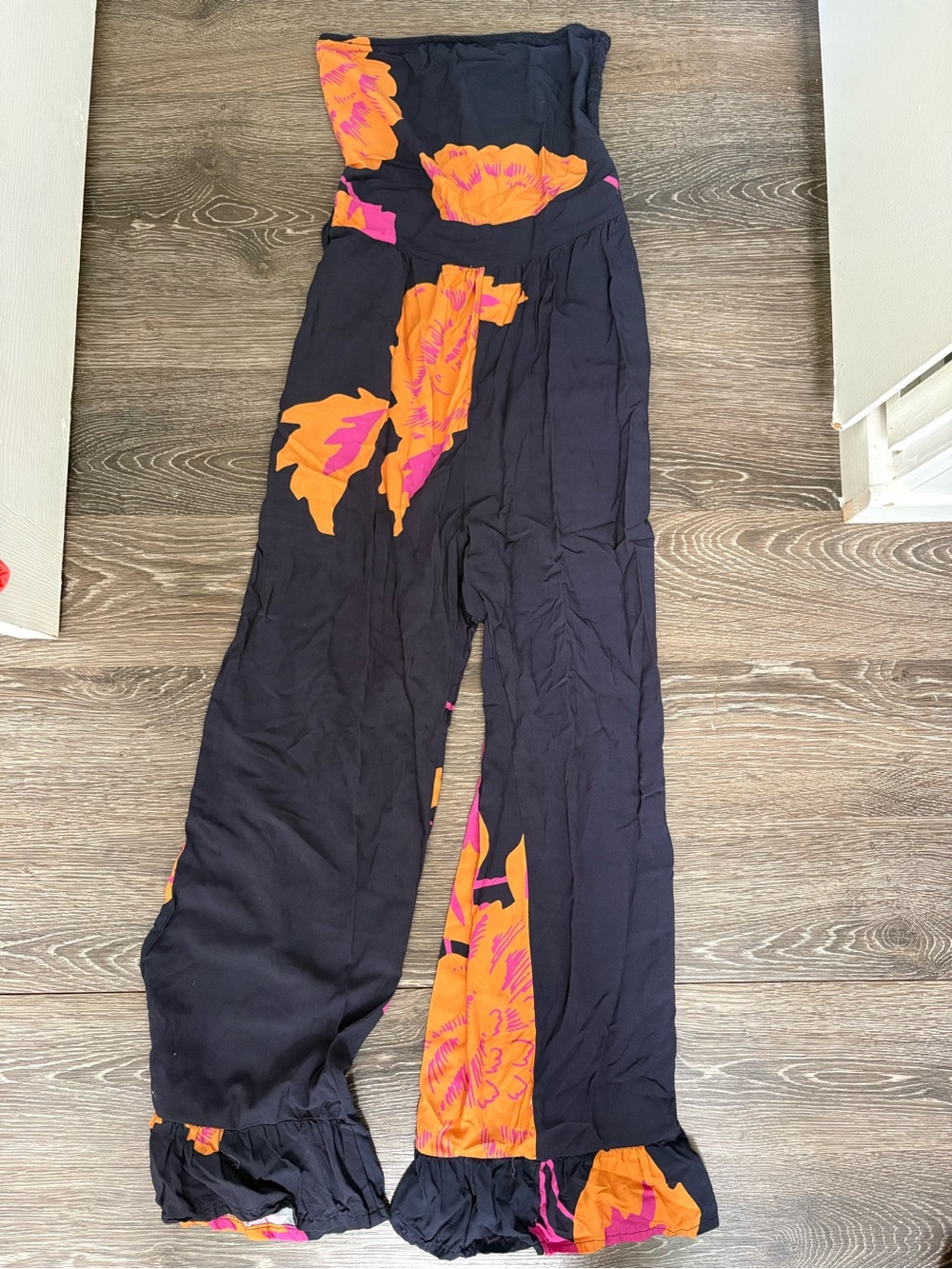 Maaji Black Strapless Wide-Leg Jumpsuit with Orange & Pink Floral